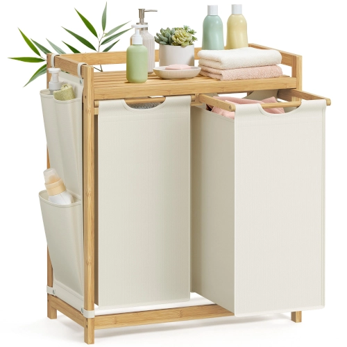 SONGMICS Wäschekorb 2-Fächer Bambus – 100L, Cremeweiß